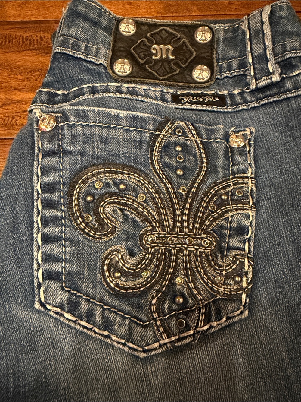 Miss Me Blue Denim Jeans with Embellished Fleur de Lis Pocket Easy Boot
